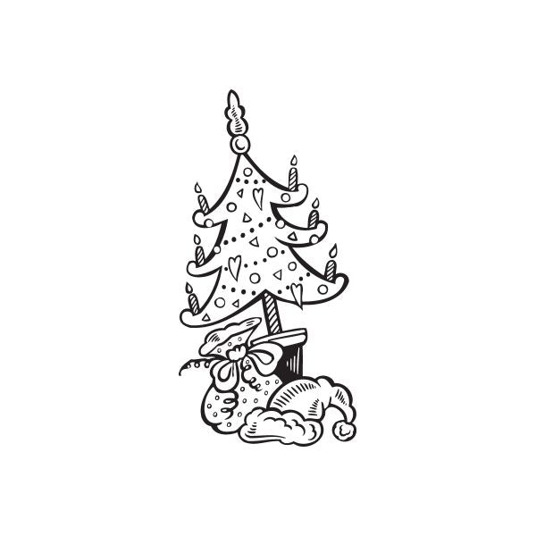 Image of Decorated Christmas Tree with Santa Hat and Sack Decal