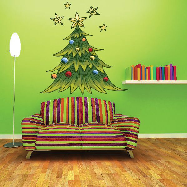 Image of Decorated Christmas Tree with Stars Printed Decal