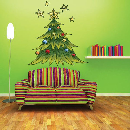 Image of Decorated Christmas Tree with Stars Printed Decal