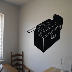 Black deep fryer decal with fryer silhouette and flame icon