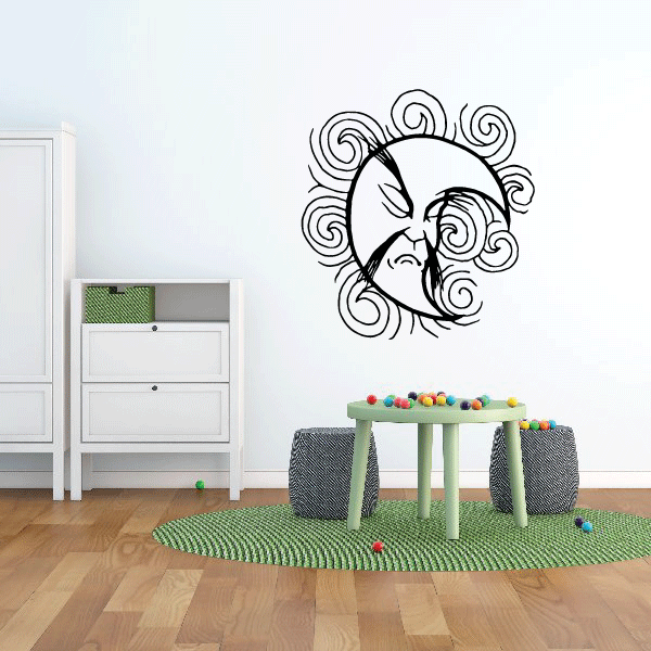 Sleeping moon wall decal with curled swirl design and a resting face