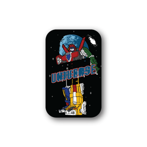 Space-themed vinyl sticker with robot characters and colorful title lettering