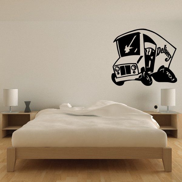 Black delivery truck wall decal with cartoon truck design and delivery text