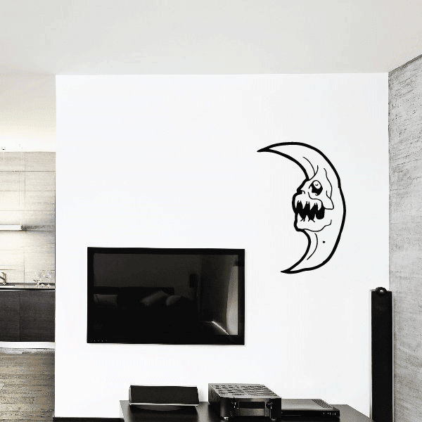 Demon skull moon decal with black crescent outline and white interior details