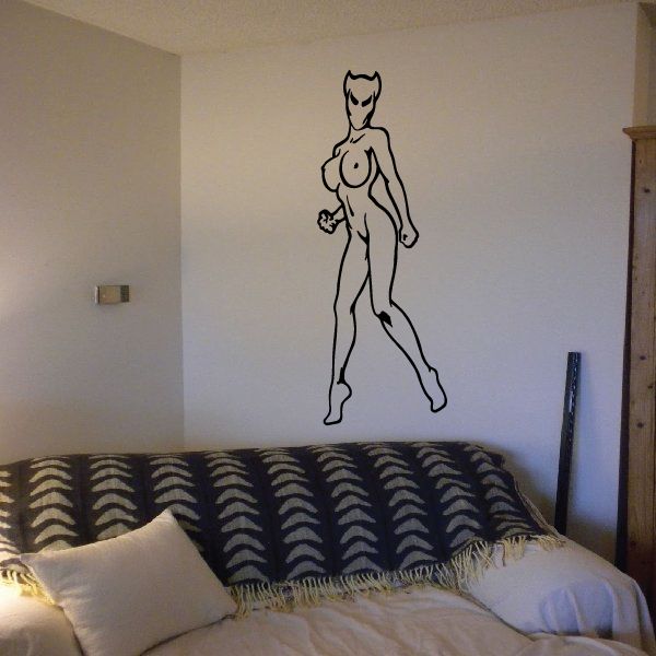 Demon-headed girl wall decal, black line art full-body figure