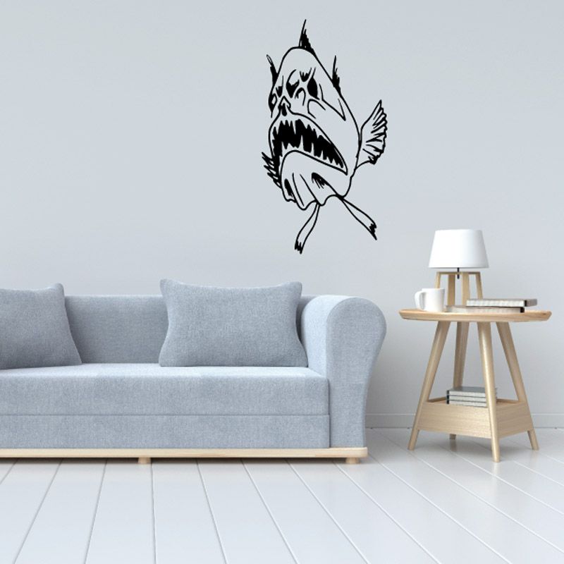 Piranha demon decal, black-and-white stylized fish with open mouth and teeth.