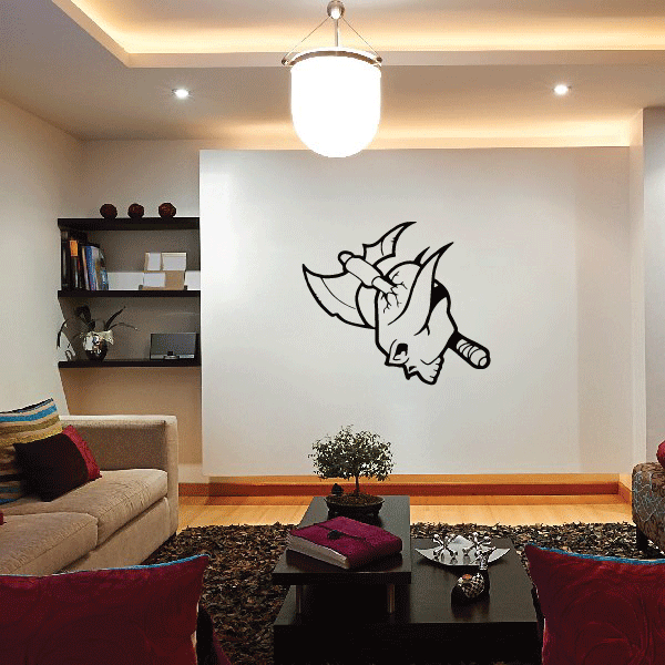 Demon skull and axe wall decal, black outline design