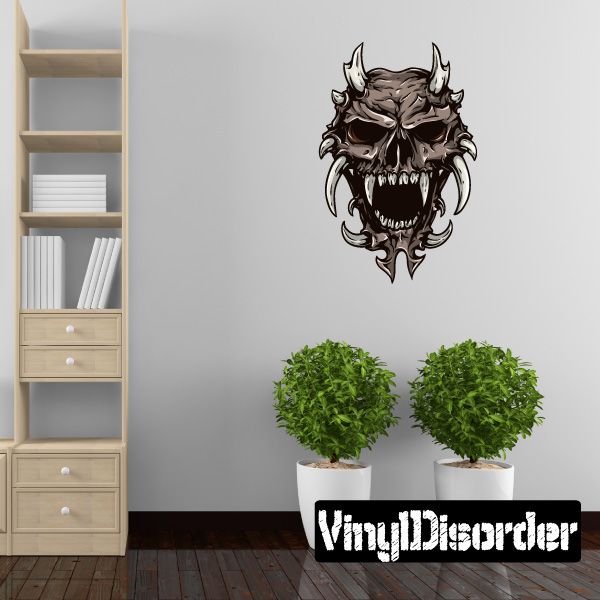 Demon skull sticker with menacing black-and-white skull graphic