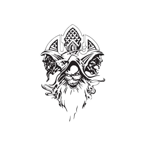 Demon wizard head decal, black and white ornate hooded skull design