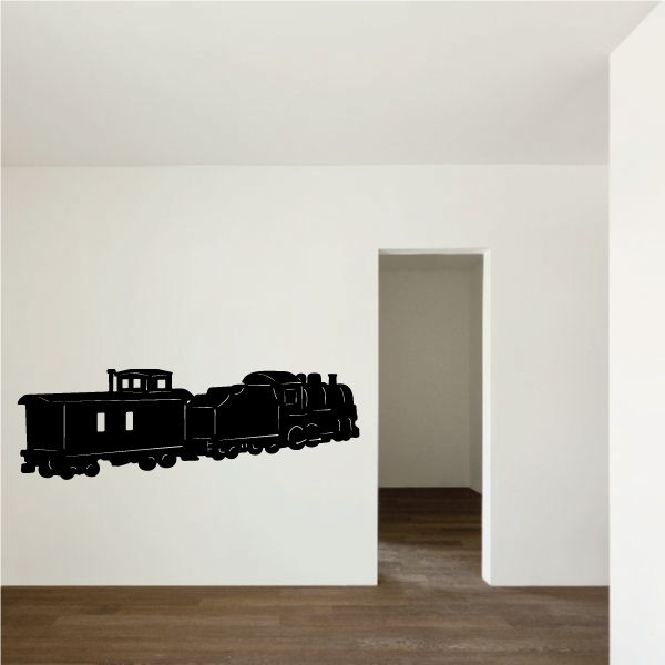 Black departing train wall decal with locomotive and cars