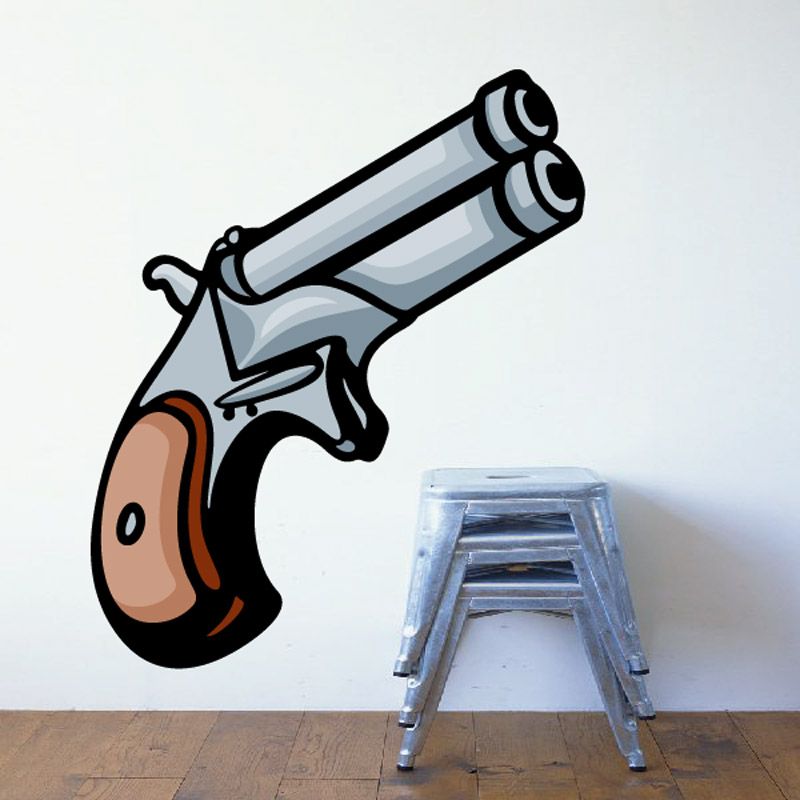 Derringer sticker with cartoon handgun illustration and blue-gray barrel