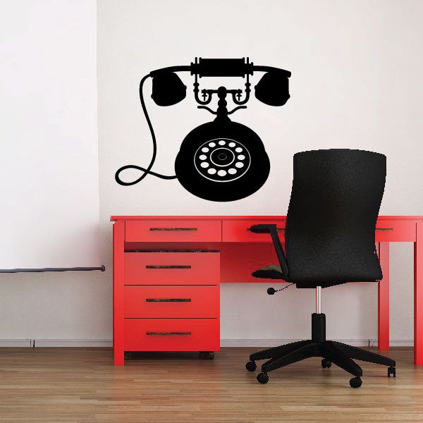 Black telephone wall decal with handset, base, and coiled cord