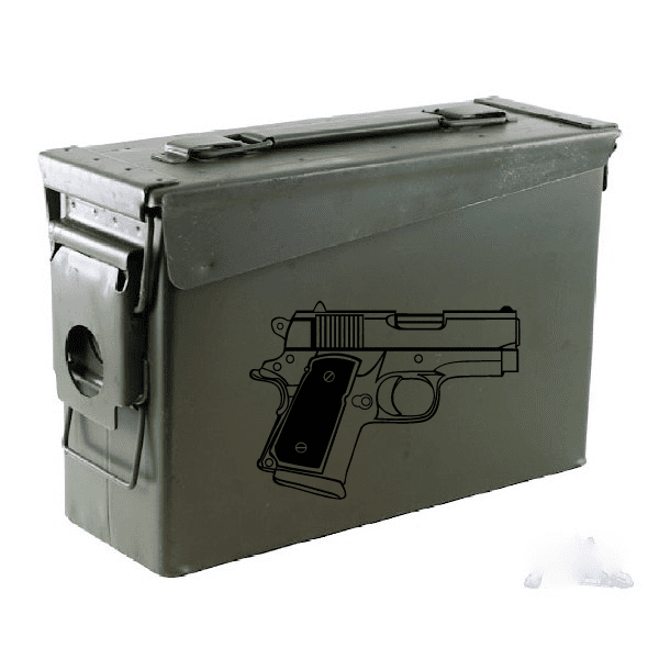 Green pistol decal on metal ammo box with hinged lid