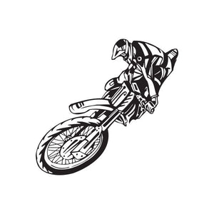 Black-and-white dirt bike jump decal, detailed rider and front wheel