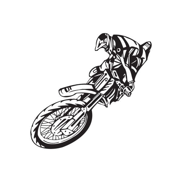 Black-and-white dirt bike jump decal, detailed rider and front wheel