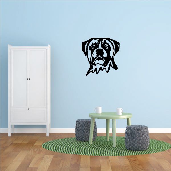 Black dog face decal with white details and detailed facial features