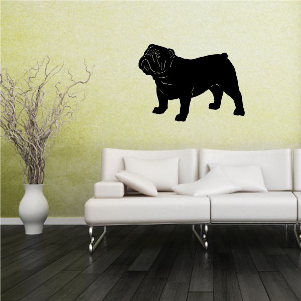 Bulldog wall decal, black standing silhouette with wrinkled face and short legs