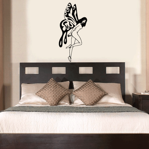 Butterfly fairy standing wall decal, black silhouette with wings and flowing dress