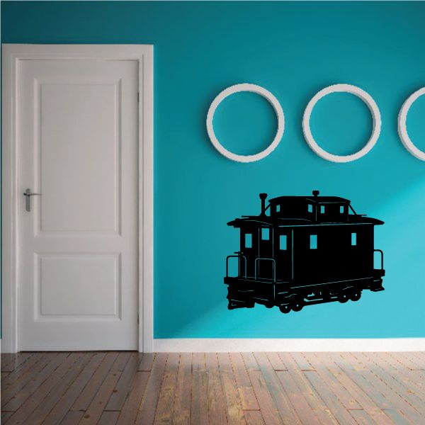 Caboose train wall decal with black engine and three white circular accents