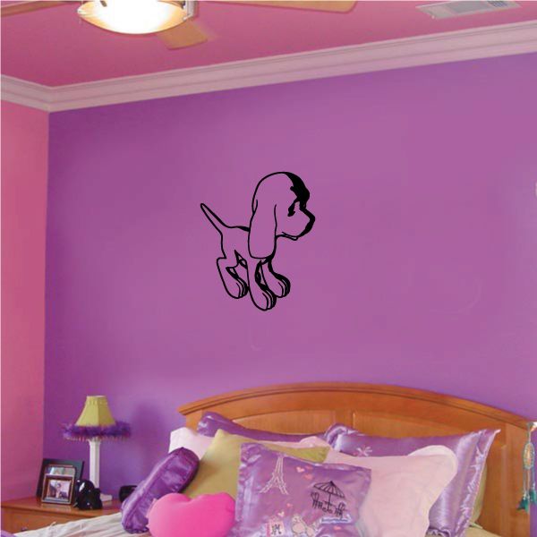Cartoon dog wall decal in black, sitting pose with detailed leash design
