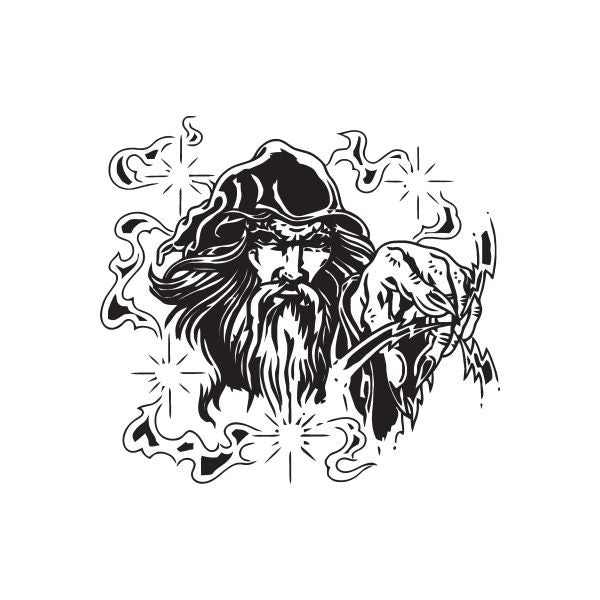 Wizard casting decal with black line-art of bearded wizard in robe and swirling flames