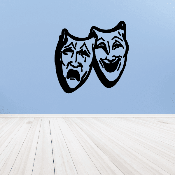 Theater masks decal with comedy and tragedy faces, black outline, white interior.