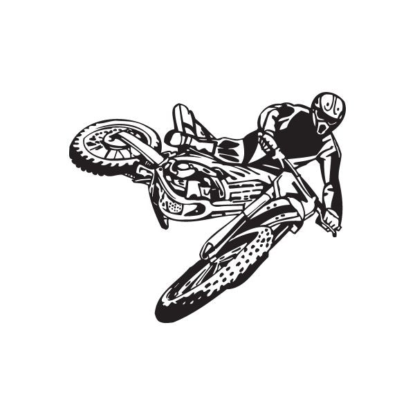 Dirt bike decal showing black-and-white rider and bike, facing forward.