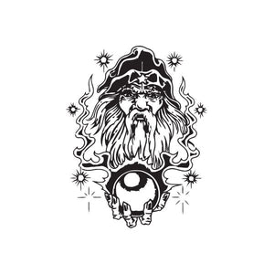 Wizard head crystal ball decal with beard, stars, and glowing eye