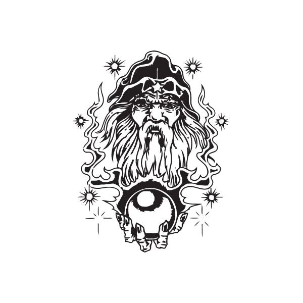 Wizard head crystal ball decal with beard, stars, and glowing eye
