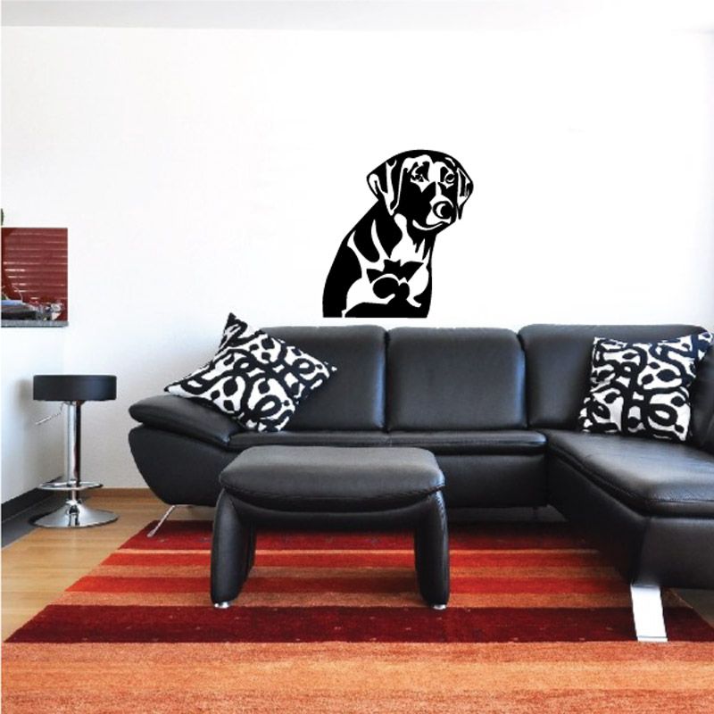 Curious hunting dog wall decal, black and white dog face design above sofa