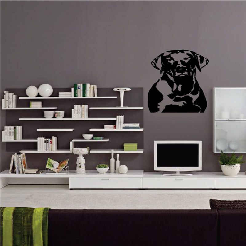 Detailed curious hunting dog decal, black dog portrait head graphic