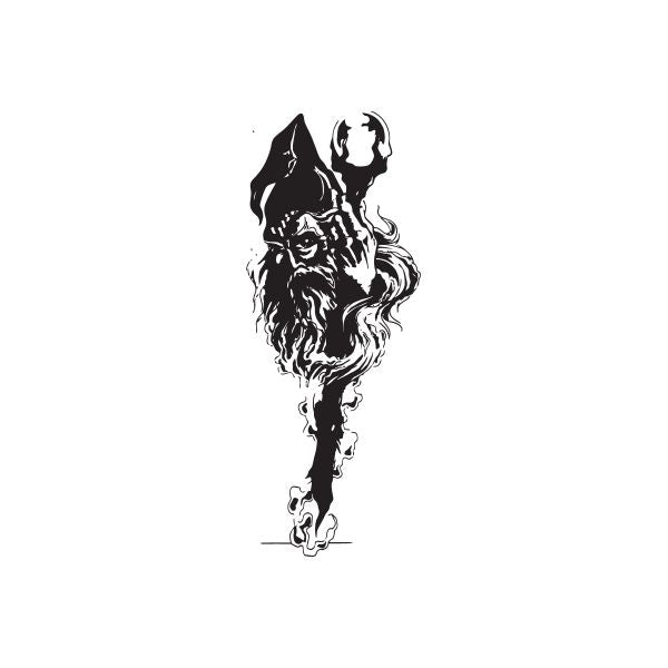 Dark wizard head decal with beard, horns, and flowing hair silhouette