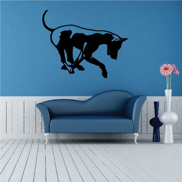 Detailed digging Doberman Pinscher decal, black silhouette of dog on all fours.