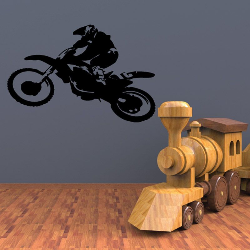 Black dirt bike jumping decal with rider silhouette