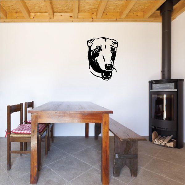 Black and white dog face decal with detailed portrait on wall