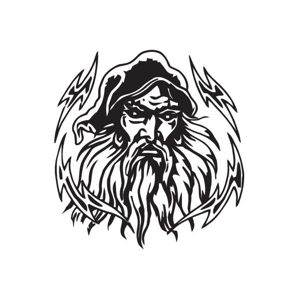 Wizard face electric-style decal with black and white flame accents