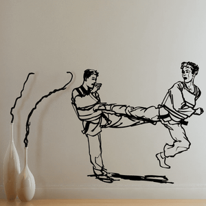 Black outline kung fu fighting decal, two martial artists mid-action