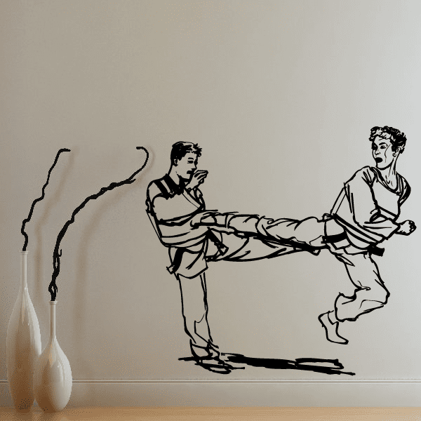 Black outline kung fu fighting decal, two martial artists mid-action
