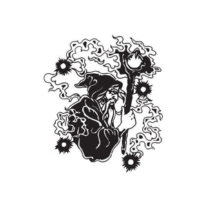 Black and white wizard face decal with flame-like swirls and small starburst accents