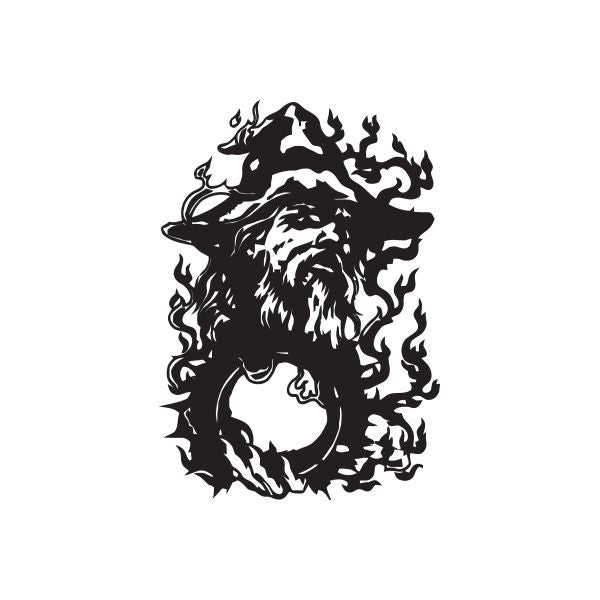Fire wizard crystal ball decal with flame silhouette, black