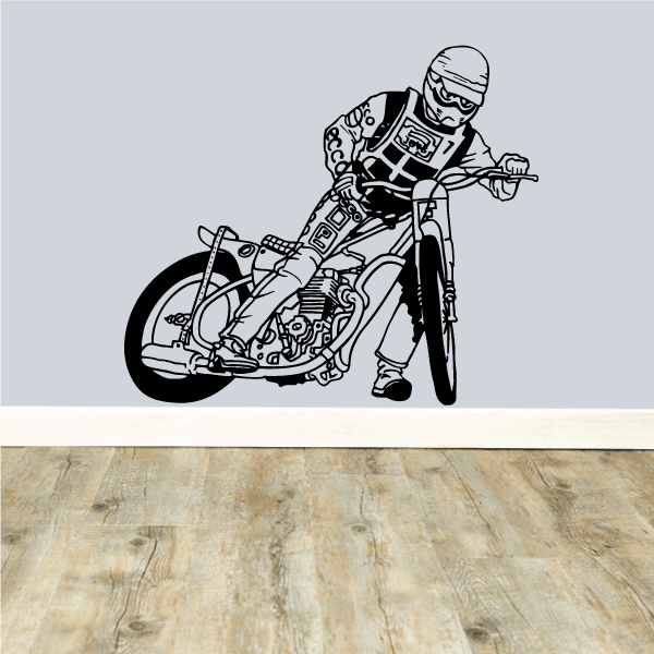 Flat track dirt bike decal featuring a racing rider on a stylized motorcycle