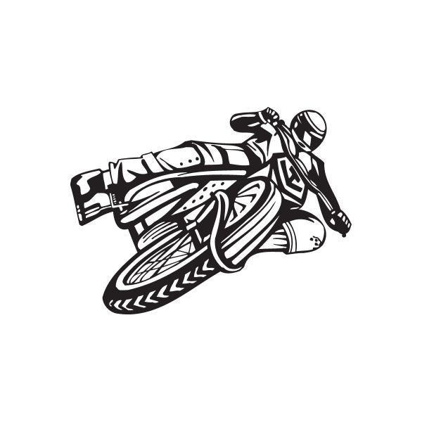 Detailed flat track dirt bike decal, black and white graphic of a racing bike
