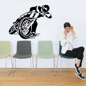 Black flat track racer motorcycle wall decal with stylized wheel and racer silhouette