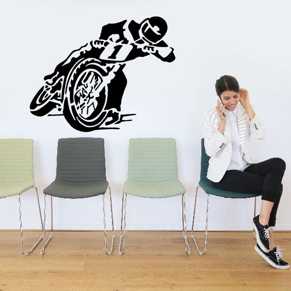 Black flat track racer motorcycle wall decal with stylized wheel and racer silhouette