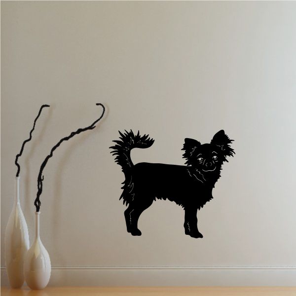 Black furry Chihuahua wall decal with open tail and curled ears