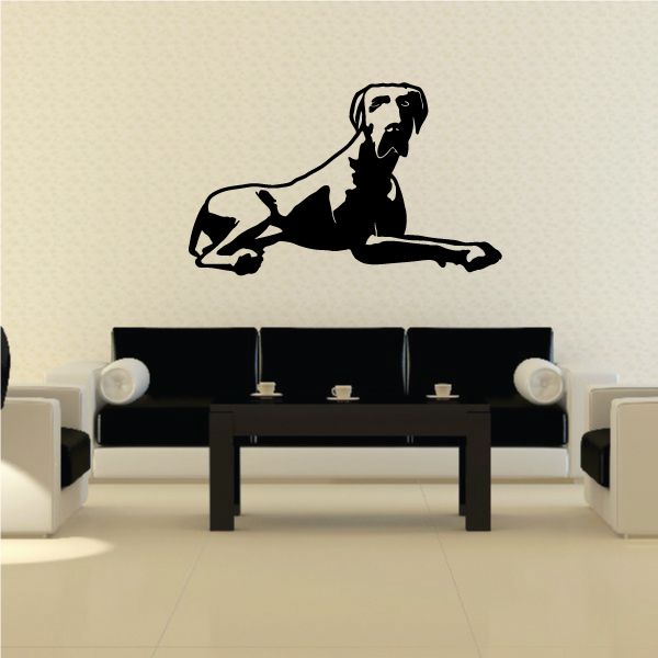 Black Great Dane laying down wall decal with detailed line art silhouette