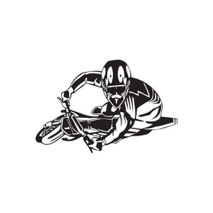 Dirt bike decal featuring a black-and-white rider kneeling beside a bike