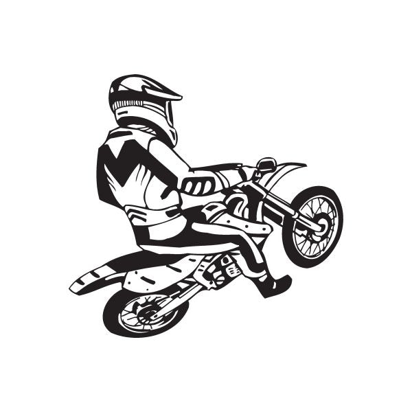 Hard start dirt bike decal, black-and-white rider and off-road motorcycle graphic