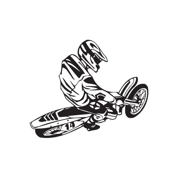 Black and white dirt bike rider decal with number plate detail