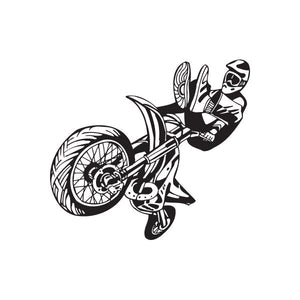 Dirt bike rider decal with outlined wheel and rider on a bike, black and white
